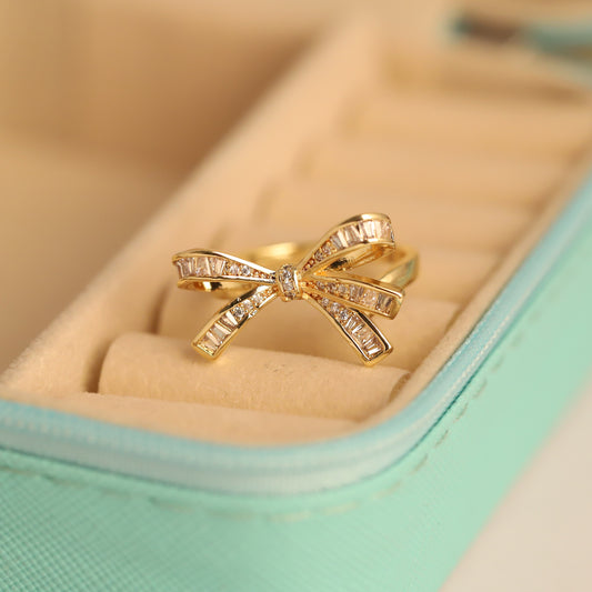 Gold Pave Bow Ring - Adjustable Cubic Zirconia Ribbon Ring | Elegant & Waterproof Jewelry