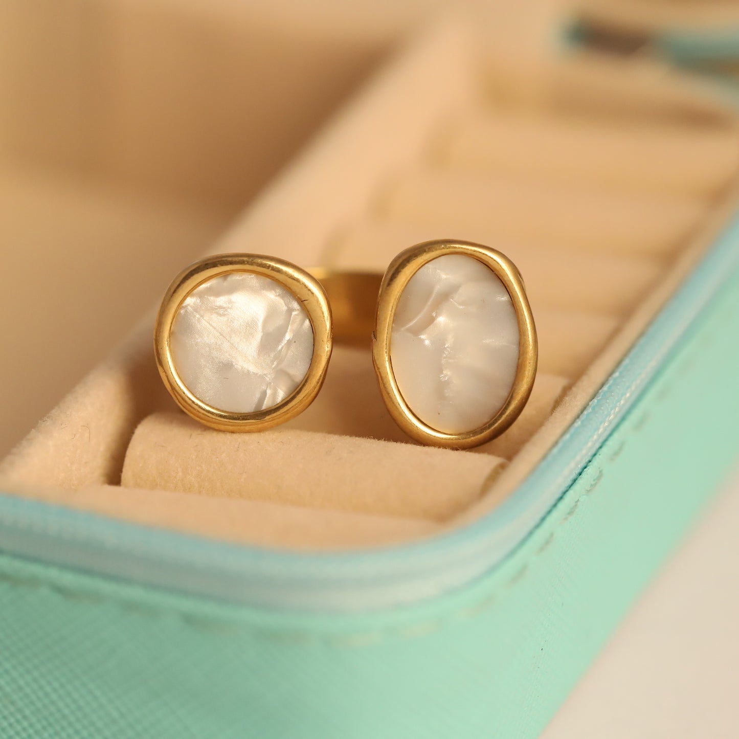 Gold Mother of Pearl Ring - Adjustable Double Stone Design | Iridescent & Waterproof Jewelry