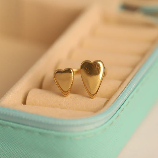 Gold Double Heart Ring - Adjustable Open Heart Love Ring | Romantic & Waterproof Jewelry