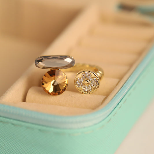 Gold Open Ring with Marquise, Round & Floral CZ - Adjustable Statement Ring