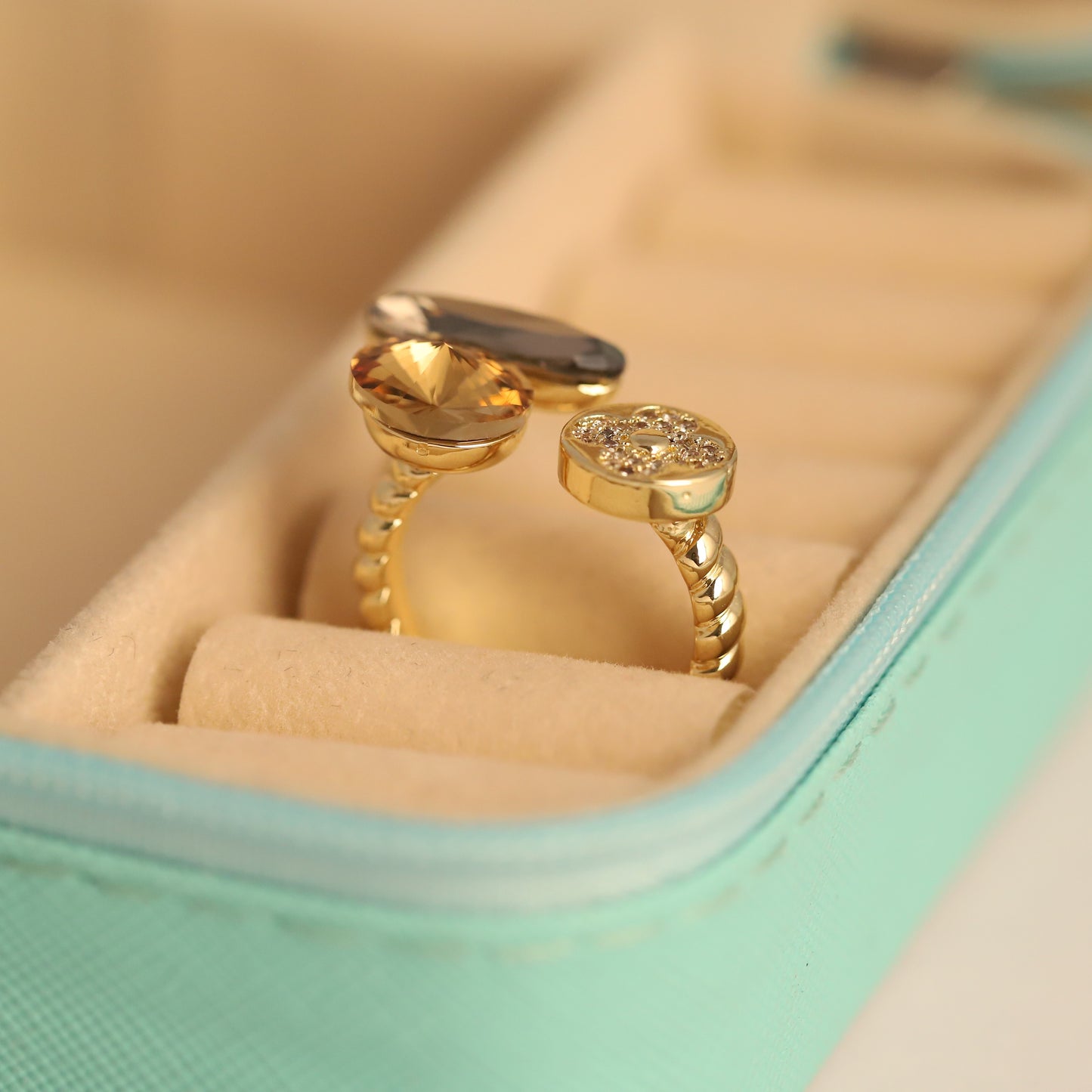 Gold Open Ring with Marquise, Round & Floral CZ - Adjustable Statement Ring