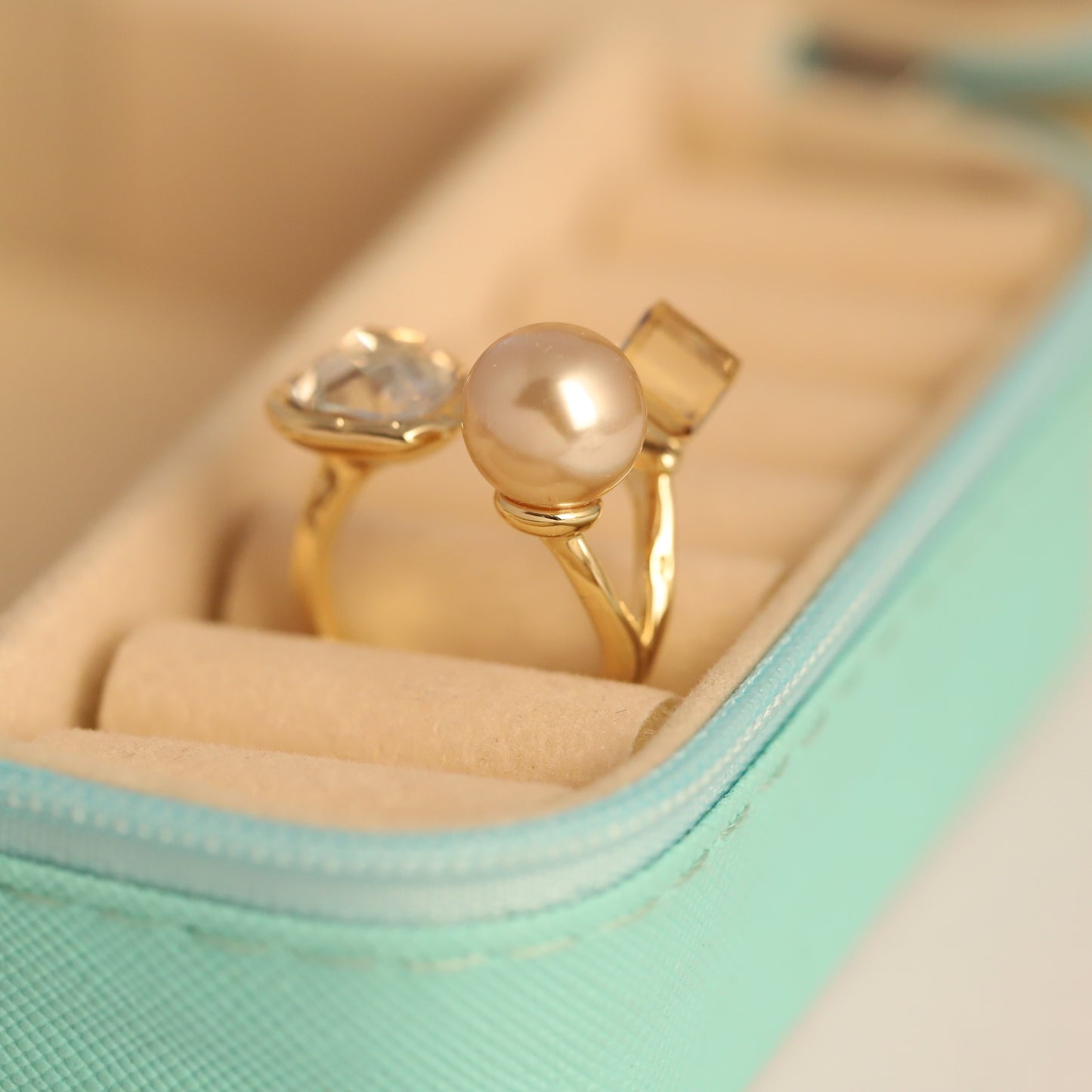 Gold Open Ring with Crystal, Pearl & Amber Gemstones - Adjustable & Waterproof Jewelry