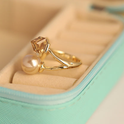 Gold Open Ring with Crystal, Pearl & Amber Gemstones - Adjustable & Waterproof Jewelry