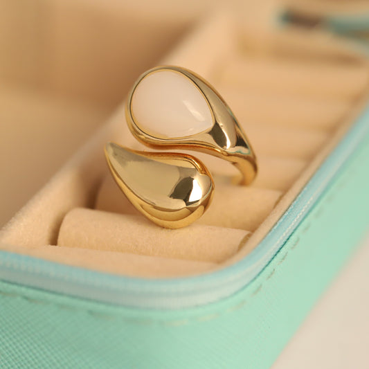 Elegant Gold Plated Teardrop Ring with White Enamel | Adjustable Open Ring