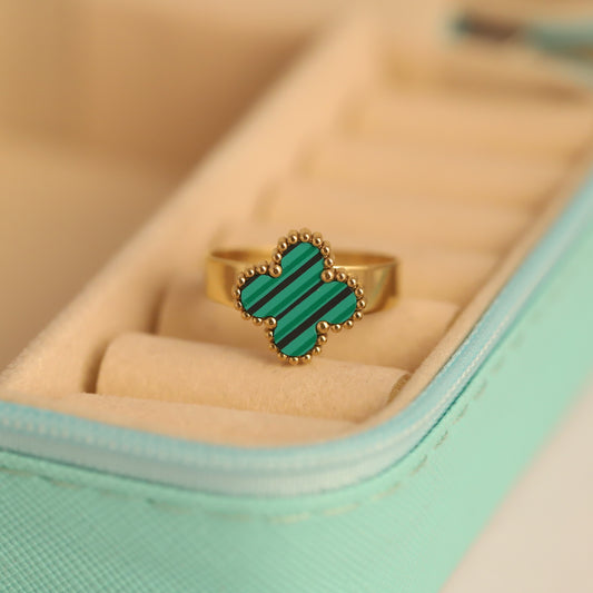 Elegant Gold Plated Clover Ring with Striped Green Inlay | Lucky Four-Leaf Design
