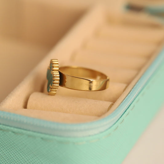 Elegant Gold Plated Clover Ring with Striped Green Inlay | Lucky Four-Leaf Design