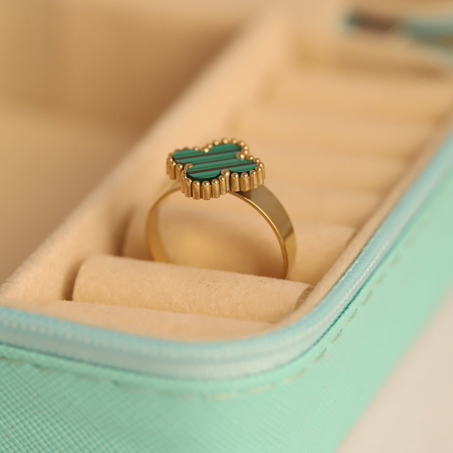 Elegant Gold Plated Clover Ring with Striped Green Inlay | Lucky Four-Leaf Design