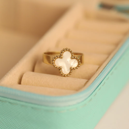 Elegant Gold Plated Mother of Pearl Clover Ring | White Four-Leaf Lucky Charm