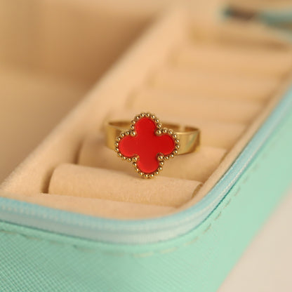 Vibrant Gold Plated Red Clover Ring | Lucky Four-Leaf Design