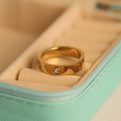Classic Gold Plated Screw Motif Ring with Crystal Accent | Unisex Band Ring