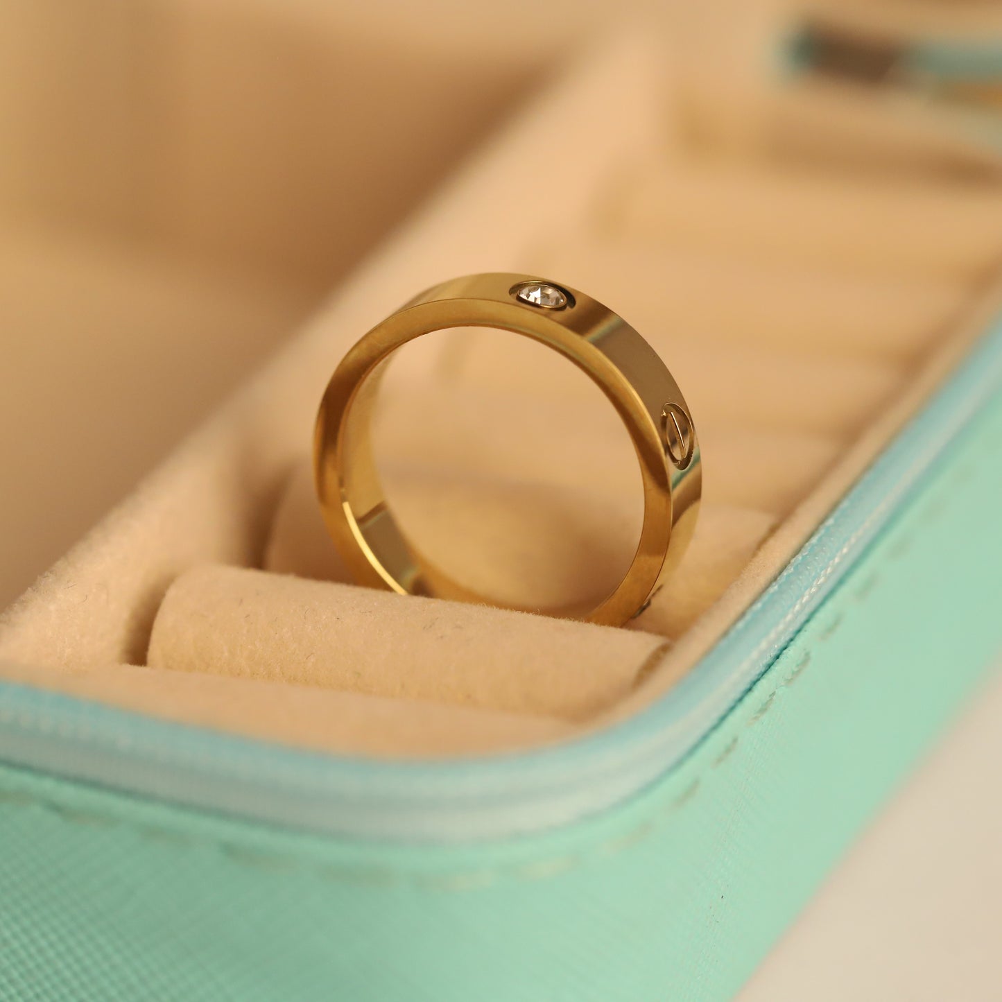 Classic Gold Plated Screw Motif Ring with Crystal Accent | Unisex Band Ring