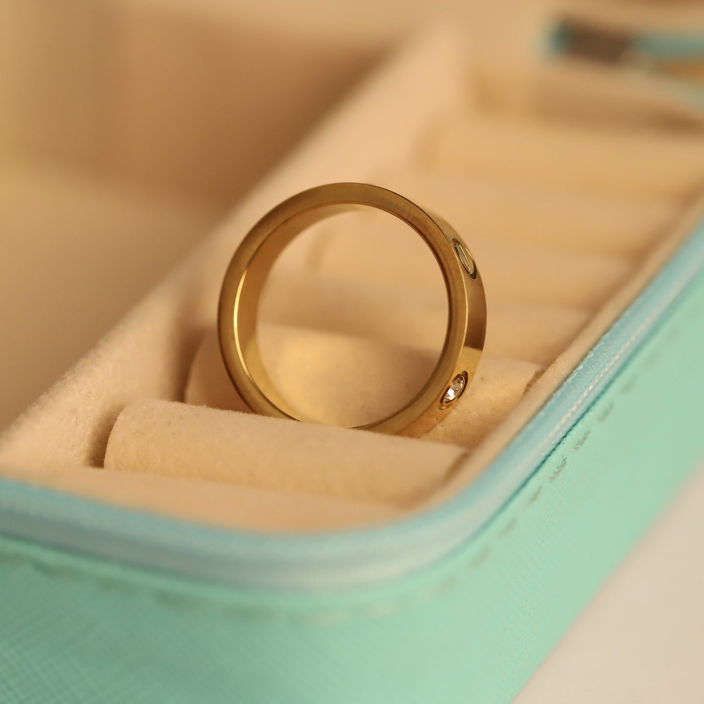 Classic Gold Plated Screw Motif Ring with Crystal Accent | Unisex Band Ring