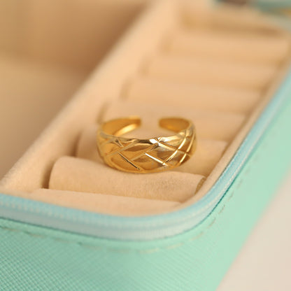 Wide Gold Quilted Pattern Ring - Adjustable Textured Band