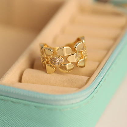 Textured Gold Nugget Ring with Crystal Accents - Organic Wide Band