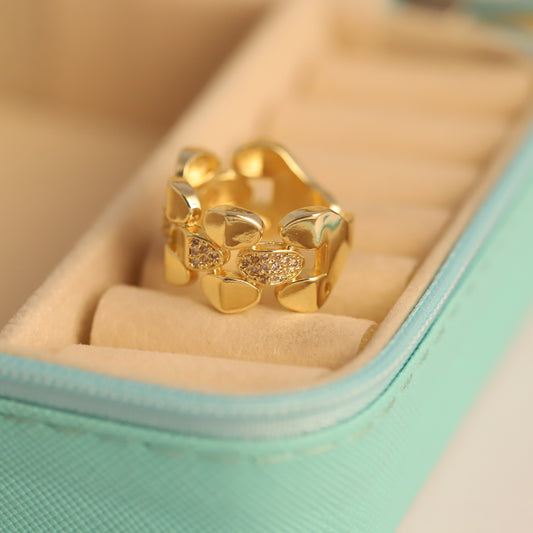 Textured Gold Nugget Ring with Crystal Accents - Organic Wide Band
