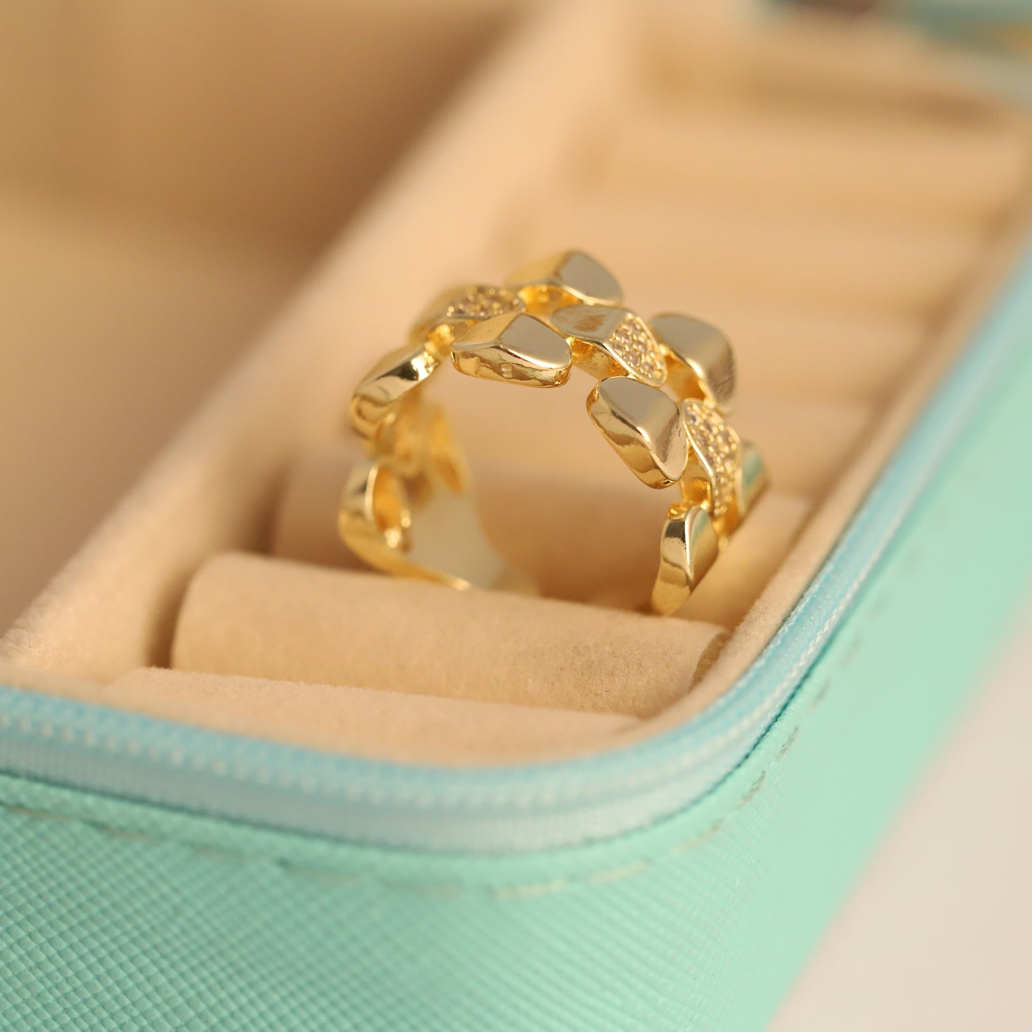 Textured Gold Nugget Ring with Crystal Accents - Organic Wide Band