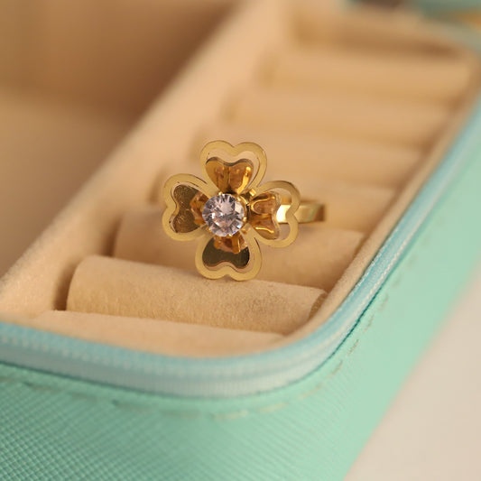 Lucky Four Leaf Clover Ring - Gold Floral Crystal Center Jewelry