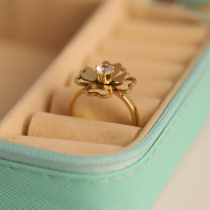 Lucky Four Leaf Clover Ring - Gold Floral Crystal Center Jewelry
