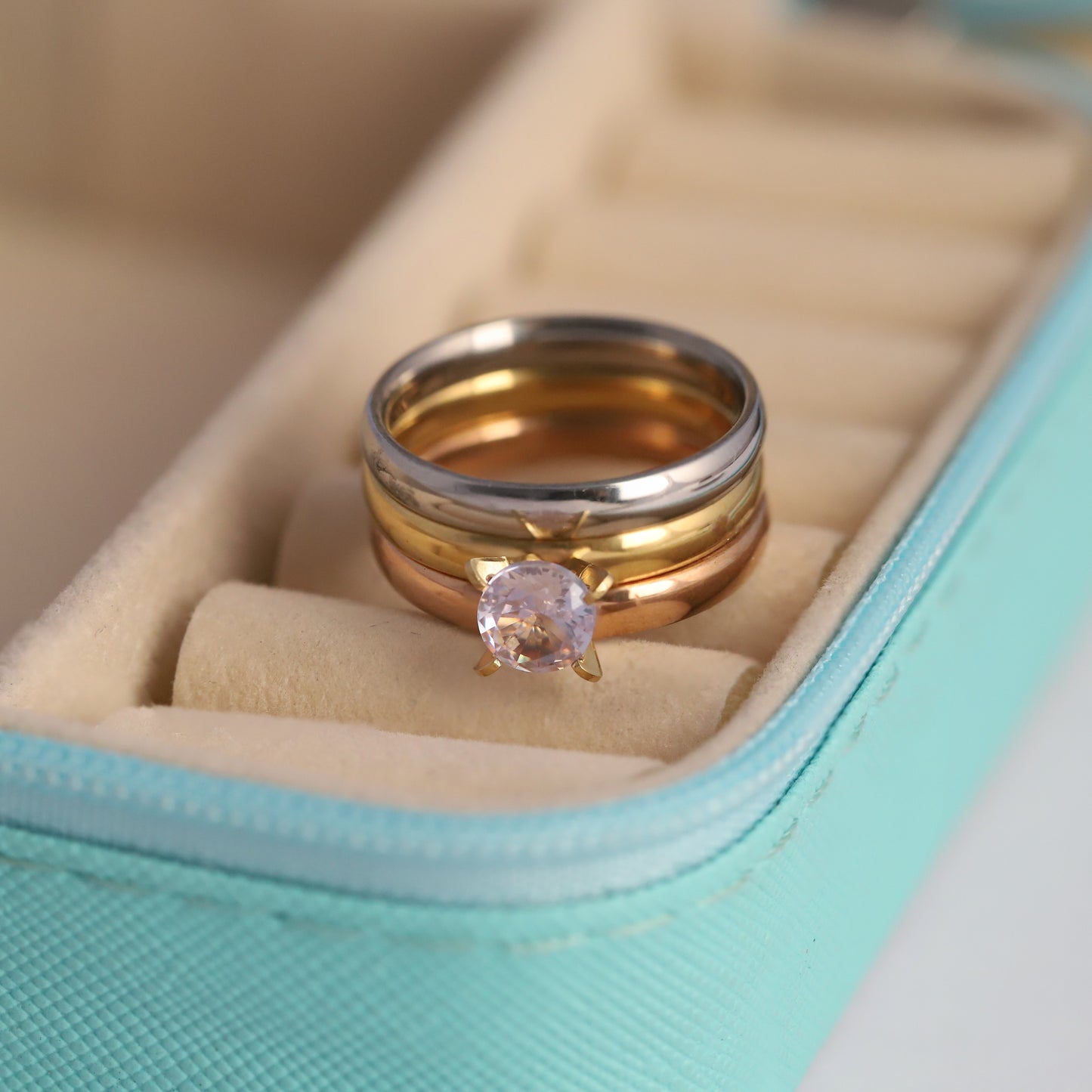 Tri-Color Stacking Ring Set - Gemstone & Mixed Metal Bands