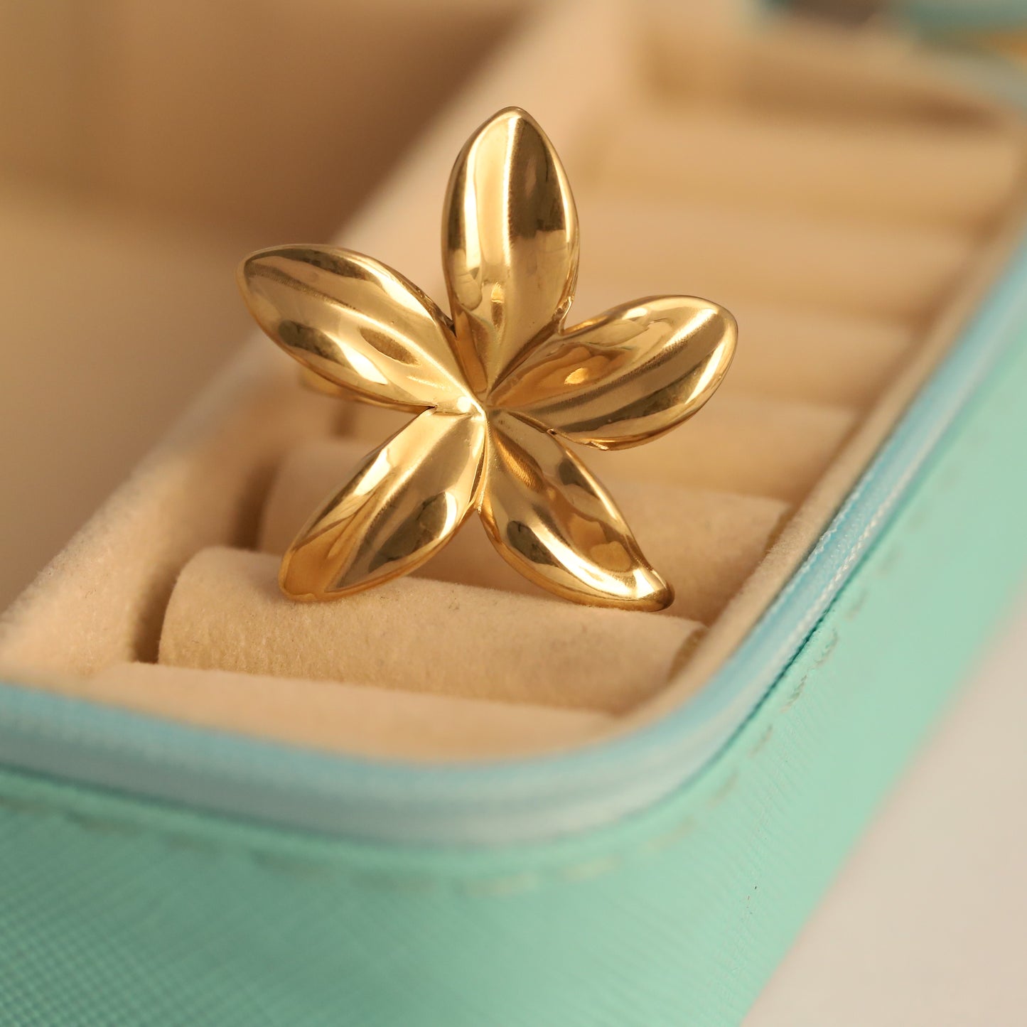 Chunky Gold Plumeria Flower Ring - Bold Floral Statement Jewelry