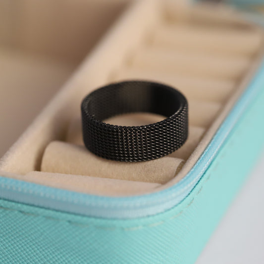 Wide Black Mesh Band Ring - Unisex Modern Textured Jewelry