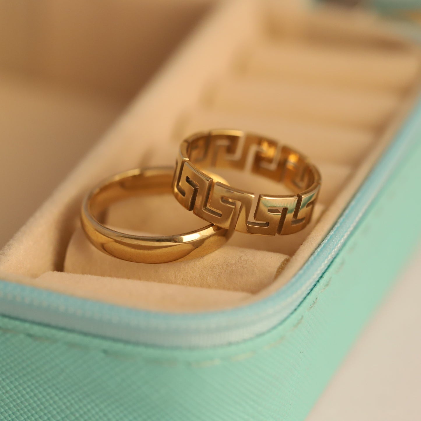 Wide Gold Greek Key Pattern Ring - Bold Geometric Statement Band