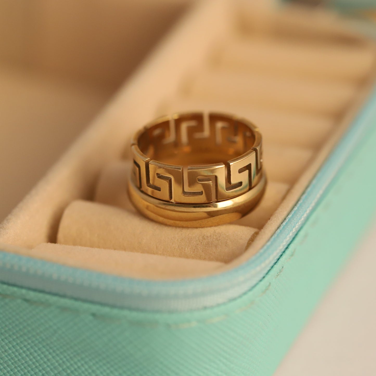 Wide Gold Greek Key Pattern Ring - Bold Geometric Statement Band