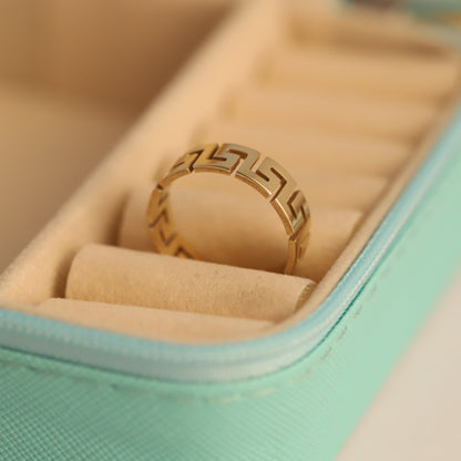 Wide Gold Greek Key Pattern Ring - Bold Geometric Statement Band