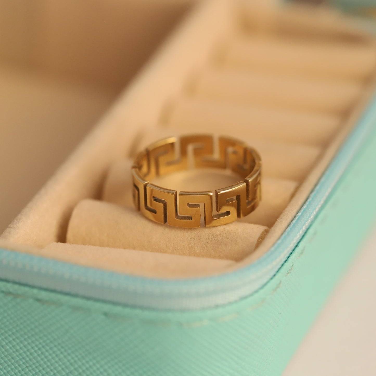 Wide Gold Greek Key Pattern Ring - Bold Geometric Statement Band