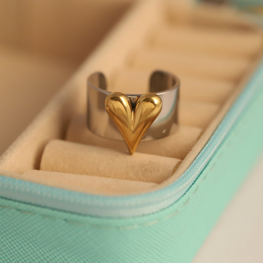 Chunky Silver & Gold Heart Ring - Adjustable Two-Tone Jewelry