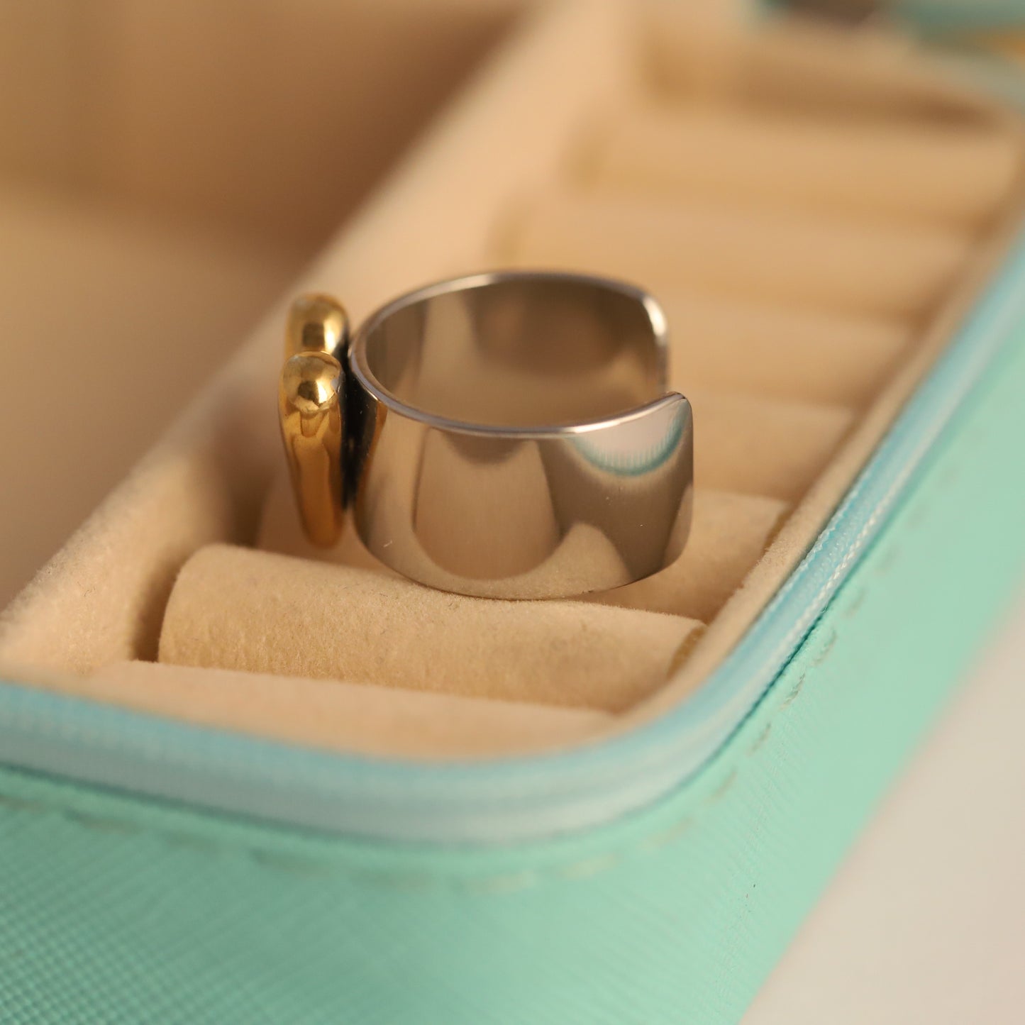 Chunky Silver & Gold Heart Ring - Adjustable Two-Tone Jewelry