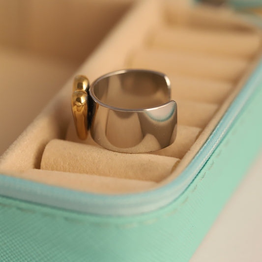 Chunky Silver & Gold Heart Ring - Adjustable Two-Tone Jewelry