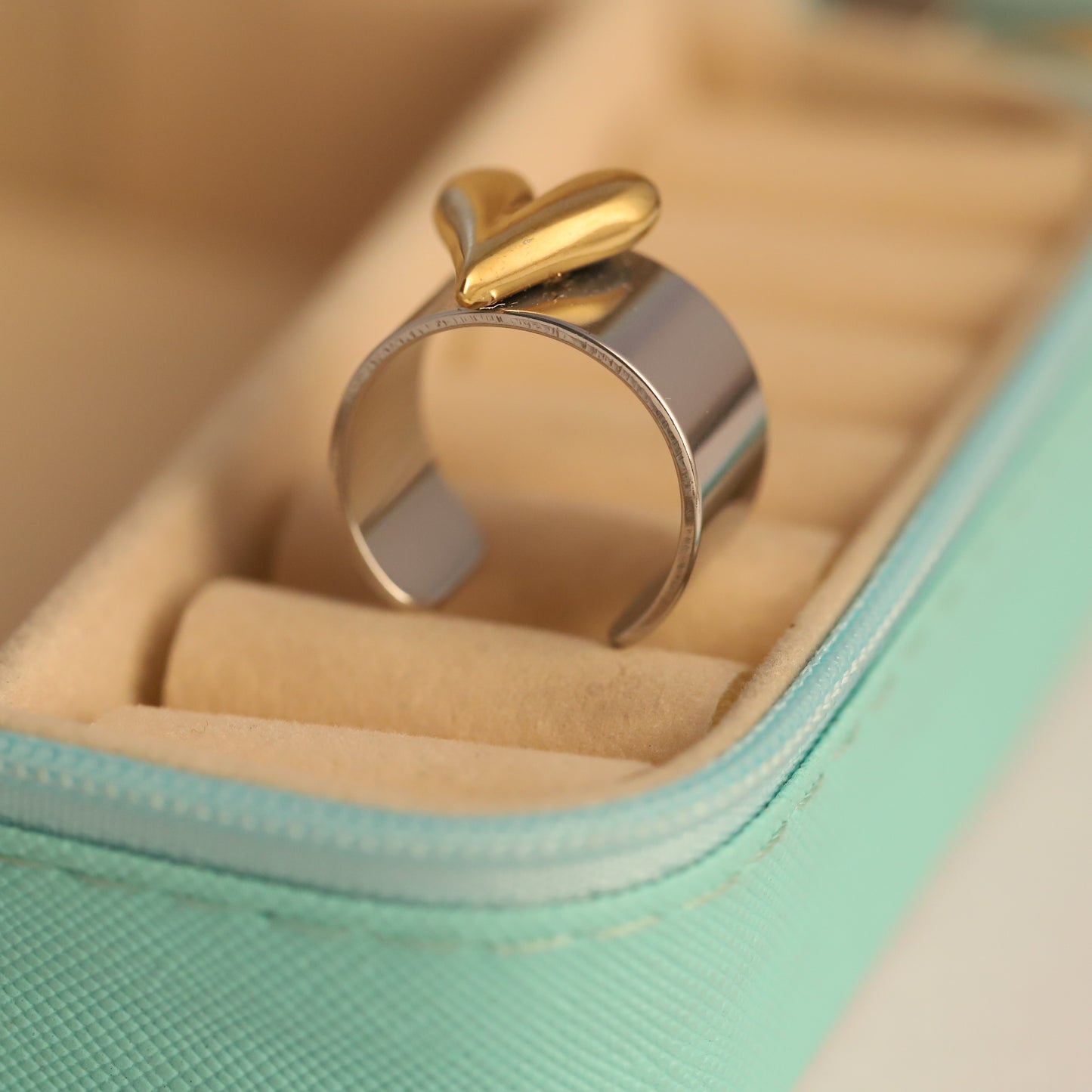 Chunky Silver & Gold Heart Ring - Adjustable Two-Tone Jewelry