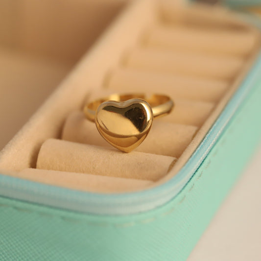 Chunky Gold Puffy Heart Ring - Adjustable Polished Statement Jewelry