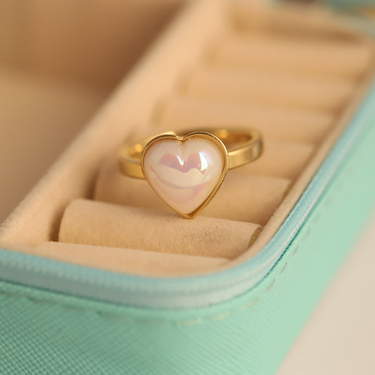 Chunky Gold & Mother-of-Pearl Heart Ring - Iridescent Statement Jewelry