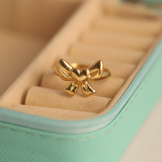 Gold Heart & Bow Ring - Sweet Romantic Adjustable Jewelry