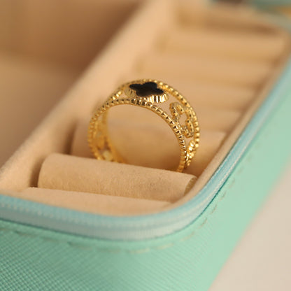 Clover Black Onyx Gold Ring - Adjustable & Elegant Jewelry
