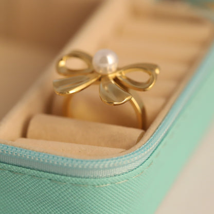 Elegant Gold Bow Ring with Pearl - Adjustable & Chic Jewelry