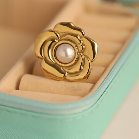 Floral Gold Ring with Pearl - Statement Flower Jewelry