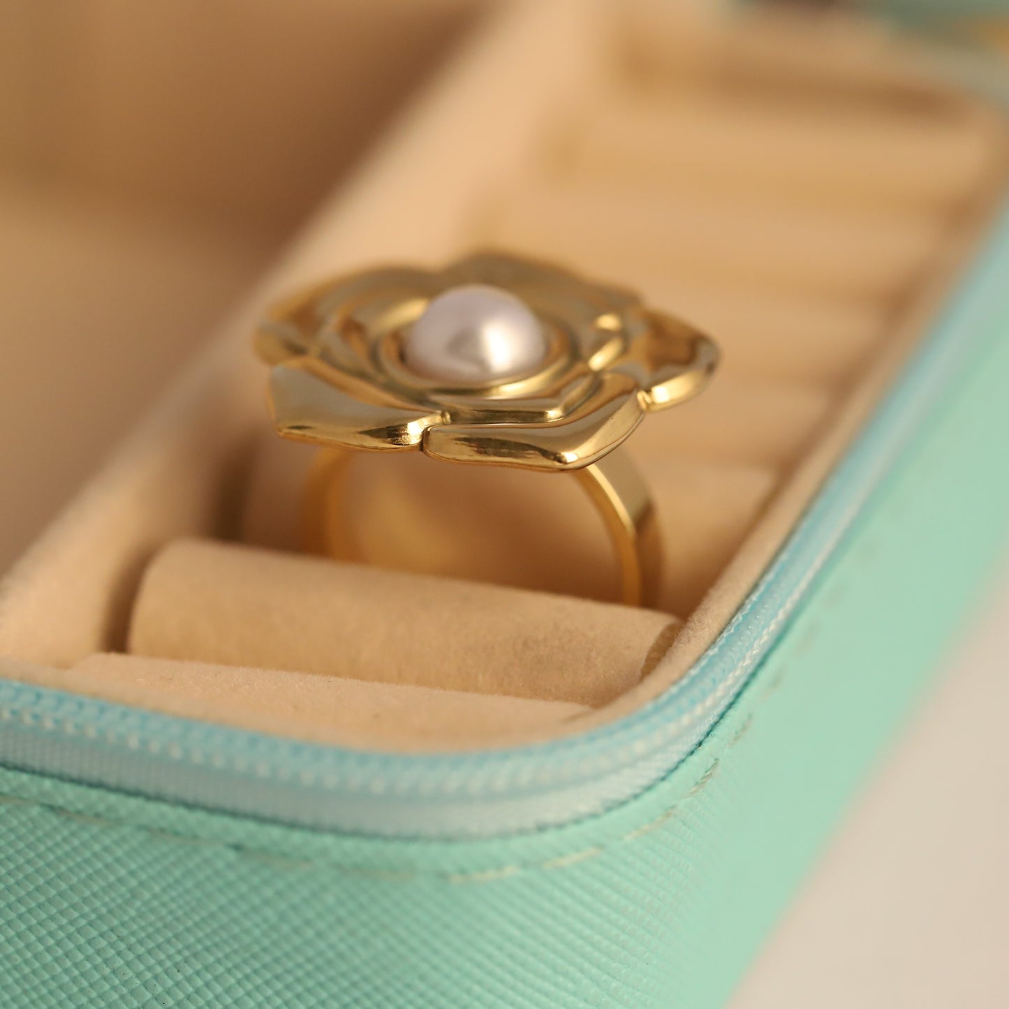 Floral Gold Ring with Pearl - Statement Flower Jewelry