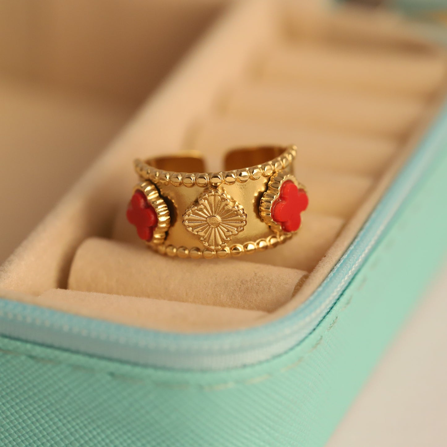 Vintage Gold Ring with Red Clover & Floral Accents - Adjustable Statement Jewelry