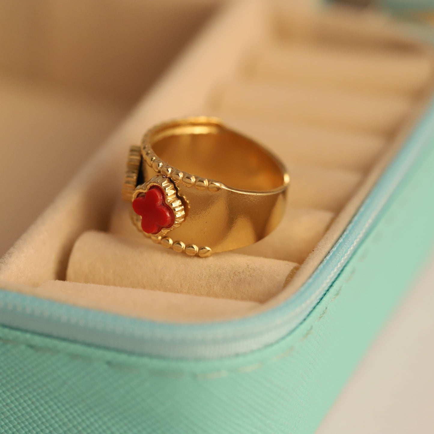 Vintage Gold Ring with Red Clover & Floral Accents - Adjustable Statement Jewelry