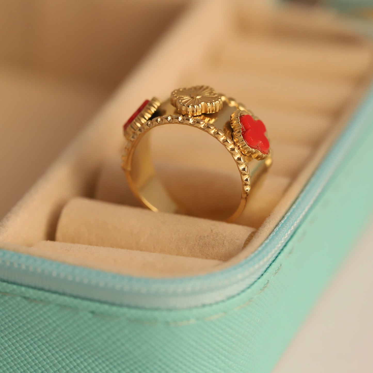 Vintage Gold Ring with Red Clover & Floral Accents - Adjustable Statement Jewelry