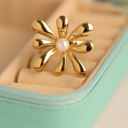 Sculpted Gold Flower Ring with Pearl Center - Adjustable Floral Jewelry