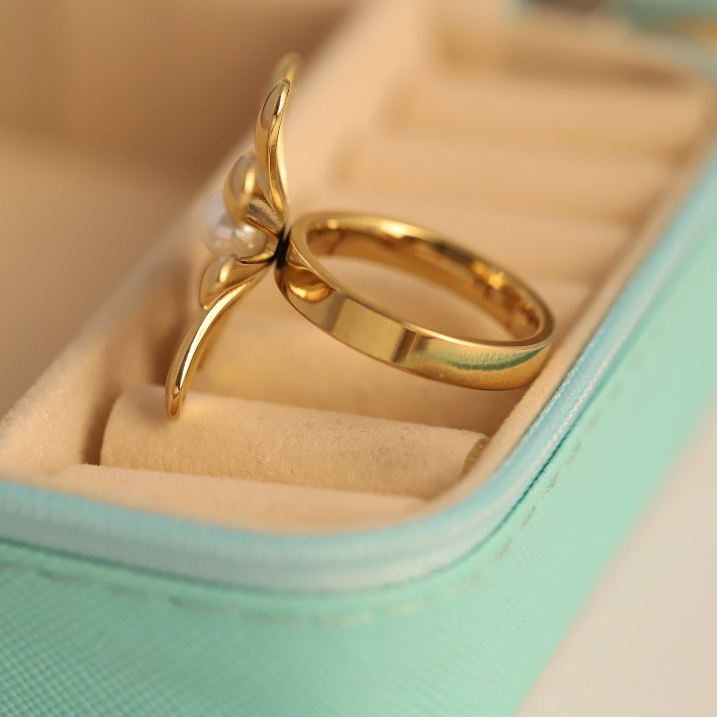 Sculpted Gold Flower Ring with Pearl Center - Adjustable Floral Jewelry