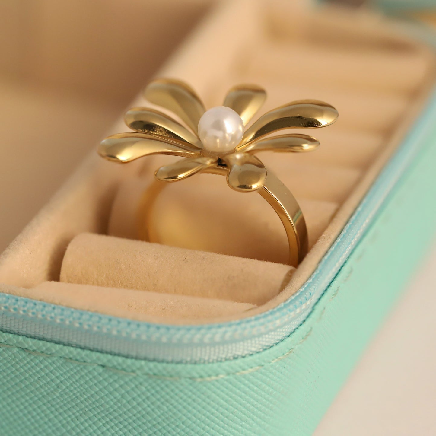 Sculpted Gold Flower Ring with Pearl Center - Adjustable Floral Jewelry