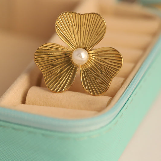 Textured Gold Clover Ring with Pearl - Lucky Adjustable Jewelry