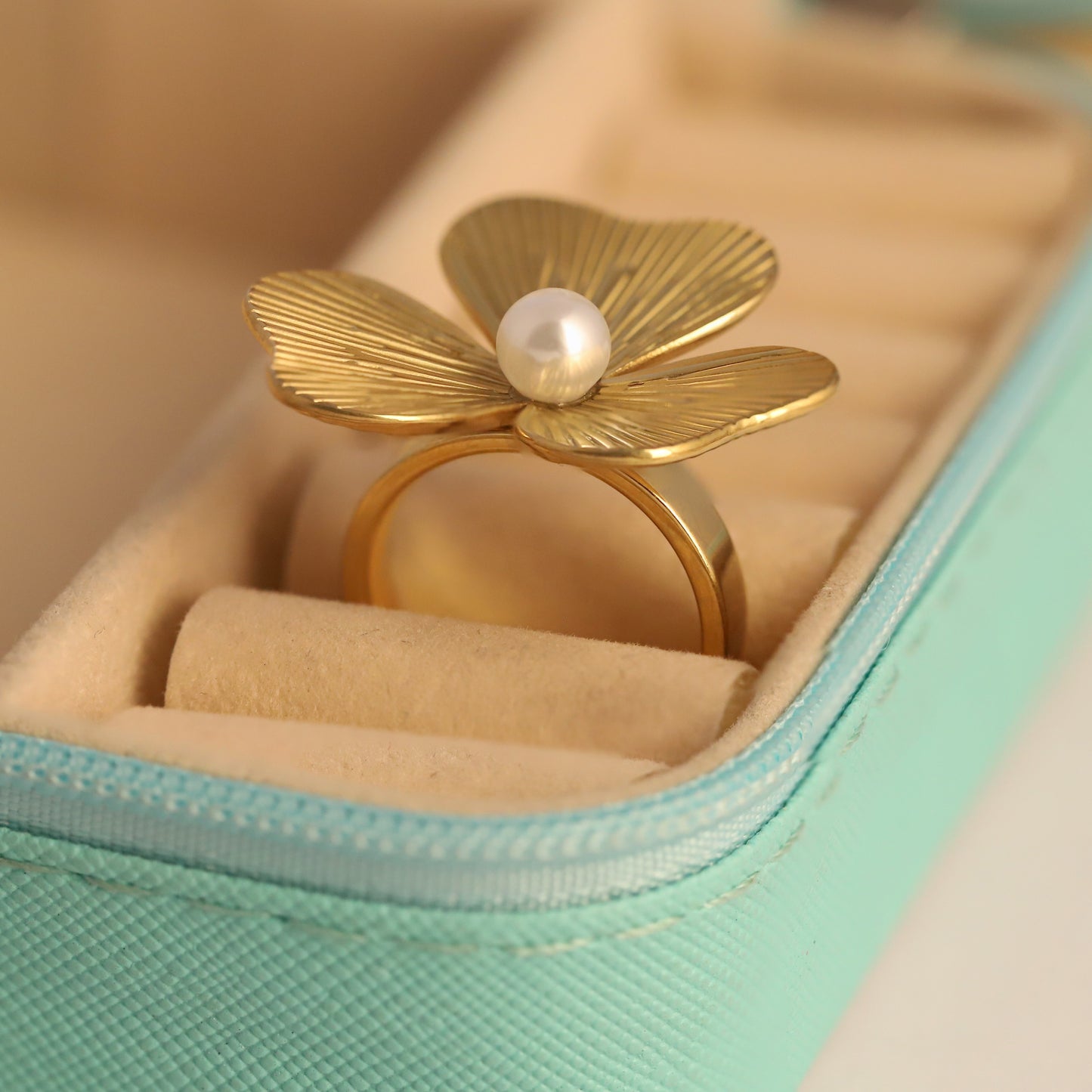 Textured Gold Clover Ring with Pearl - Lucky Adjustable Jewelry