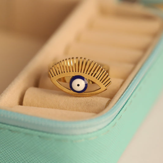 Gold Evil Eye Ring - Adjustable Protective Amulet Jewelry