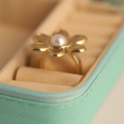 Classic Gold Flower Ring with Pearl - Adjustable Floral Jewelry